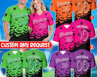 Personalized Halloween Football Jersey, Custom Name Number Spooky Black Bat Sports Shirt with Pumpkin Kings Design for Halloween Party Gift