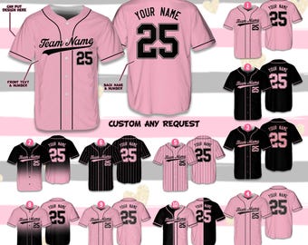 Camiseta de béisbol personalizada con nombre y número, color negro y rosa, ideal para conciertos de música, ideal para amantes del béisbol y la música.