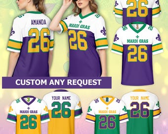 Camisa de futebol personalizada com nome para o Mardi Gras, infantil ou adulto. Camisa de futebol personalizada com flor-de-lis para a Terça-feira Gorda, ideal para fãs do festival.