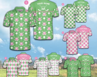 Polo de golf personalizado con nombre, polo de manga corta con estampado de rombos y colores personalizados con iconos de golf, polo a juego para equipos de golf para amantes del golf.