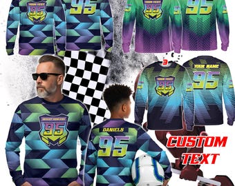 Personalized Abstract Neon Motocross Youth Adult Long Sleeve Shirt Custom Rider Name Dirt Bike Long Sleeve Shirt MX ATV Enduro Race 3D Shirt