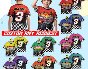 Personalized Name Monster Truck All Over Print Shirt, Custom Monster Jam Racing Birthday Shirt, Ready To Crush Kids Birthday Party Outfit
