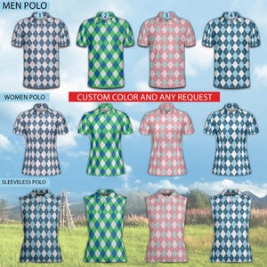 May include: Assortment of polo shirts and sleeveless polo shirts with argyle patterns in various colors, including blue, green, and pink. The image includes the text "MEN POLO", "WOMEN POLO", "SLEEVELESS POLO", and "CUSTOM COLOR AND ANY REQUEST".
