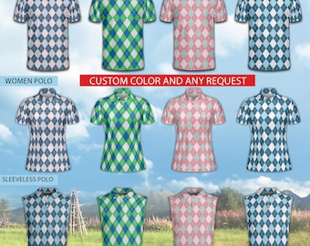 Argyle Pattern Golf Polo Shirt For Men Women, Diamond Print Golf Women's Sleeveless Polo Shirt, Golf Team Matching Polo Shirt For Golf Lover