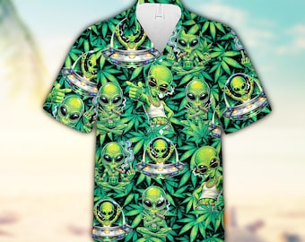 Alien Weed Hawaiian Shirt, Funny UFO Cannabis Button Up Shirt, Psychedelic Stoner Beach Aloha Shirt, Marijuana 420 Summer Outfit For Men