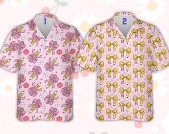 Chemise hawaïenne d'enseignant Coquette avec nœud crayon, chemise enseignante boutonnée à fleurs, chemise rose avec nœud pour la rentrée des classes, chemise enseignante premier jour d'école
