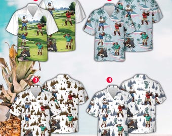 Chemise hawaïenne de golf Bigfoot pour homme et femme, chemise boutonnée Sasquatch et parcours de golf, chemise aloha de plage d'été de golf pour amateur de Bigfoot