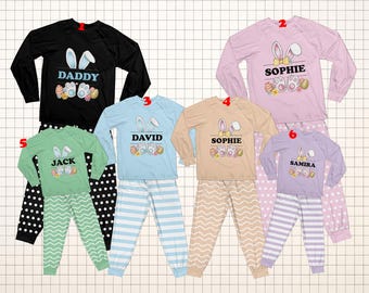 Spersonalizowane zestawy piżam wielkanocnych, spersonalizowane imiona wielkanocne jajka piżamy króliczki dla rodziny, piżamy świąteczne, pasujące rodzinne piżamy wielkanocne