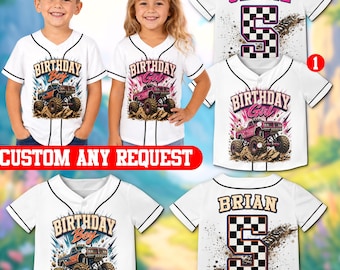 Personalized Monster Truck Birthday Baseball Jersey, Custom Name Age Kids Shirt, Birthday Boy Girl Racing Party Outfit Family Pit Crew Gift
