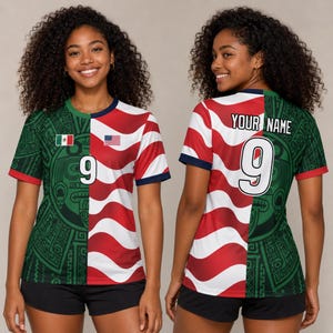 May include: A short-sleeved jersey featuring a split design with a green Aztec-inspired pattern on one side and a red and white wavy stripe pattern on the other. The front displays the number 9, a Mexico flag, and a USA flag. The back shows the number 9.
