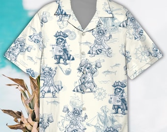 Pirate Raccoon Hawaiian Shirt For Men & Women, Funny Raccoon Button Down Shirt, Nautical Sketch Raccoon Summer Aloha Shirt For Raccoon Lover