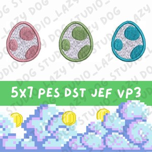 May include: Three embroidered egg designs in pink, green, and teal, each with a white speckled pattern. The eggs are outlined in matching colors. Below, the text "5x7 PES DST JEF VP3" is displayed on a green banner, with pixelated clouds and gold coins at the bottom.