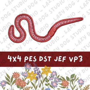 May include: A red embroidered worm design. The worm is in a curved shape with a segmented body. The image includes the text "4x4 PES DST JEF VP3". The design is set against a white background.