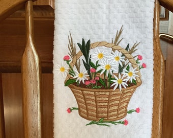 Wicker basket flowers embroidered kitchen towel daisies gift towel bride gift