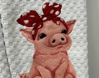 Embroidered kitchen towel pig with bow Hostess gift