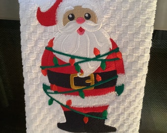 Gift for Mother, Dad or someone special on your list Embroidered kitchen towel, Santa Claus tangles in lights, hostess gift kitchen décor