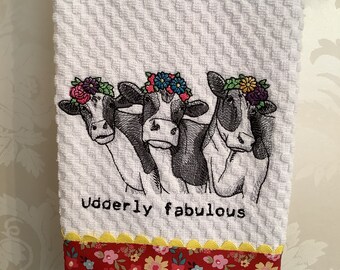 Udderly fabulous cow embroidered towel floral cow three cows