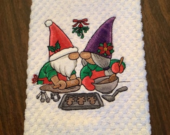 Embroidered tea towel, gnomes baking, Christmas gnomes