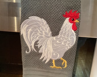White rooster. embroidered kitchen towel, gray towel