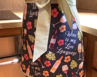 Adult half apron wine bottles floral blue green