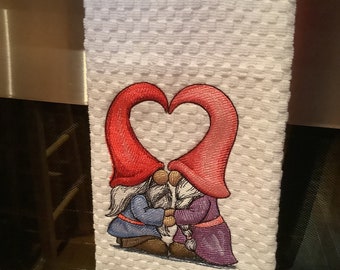 Embroidered kitchen towel Valentine Gnomes Heart