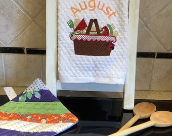 Embroidered kitchen towel picnic basket towel towel of the month August towel cotton waffle weave towel