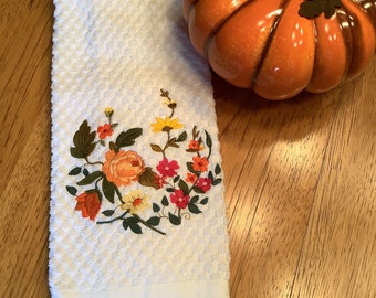 Embroidered kitchen towel, fall flowers towel, cotton towel, fall colors