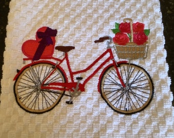 Embroidered kitchen towel Valentine flowers red bicycle heart shaped box purple bow