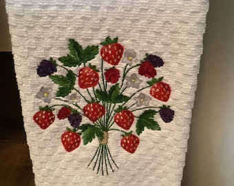 Tasty strawberries embroidered kitchen towel