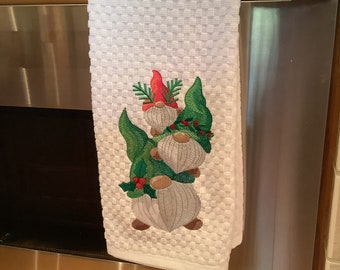 Gift for Mother  Stacked gnomes Kitchen towel embroidered Christmas gnomes Hostess gift Kitchen decor