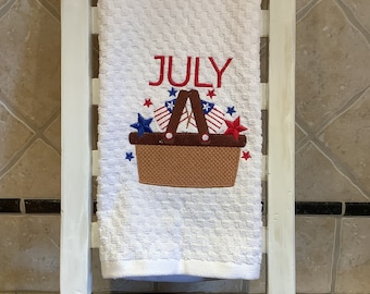 Month of July embroidered towel basket stars flags towel
