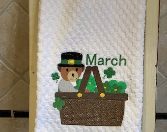 Month of March embroidered towel bear in picnic basket Irish bear birthday month gift