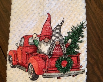 Embroidered kitchen towel Christmas gnomes in truck with tree Kitchen decor