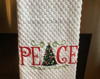Embroidered kitchen towel, Christmas towel, Peace towel