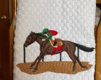 Thoroughbred racing horse, embroidered kitchen towel, jockey