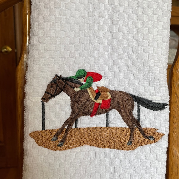 Thoroughbred racing horse, embroidered kitchen towel, jockey