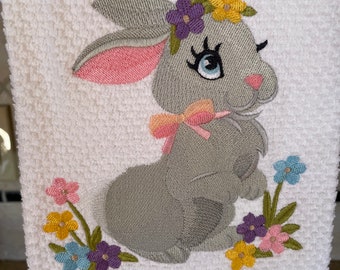 Spring time towel, bunny towel, gray bunny towel, kitchen embroidered towel,