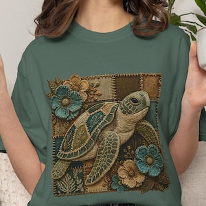 Sea Turtle Floral T-Shirt | Vintage Patchwork Nautical Tee
