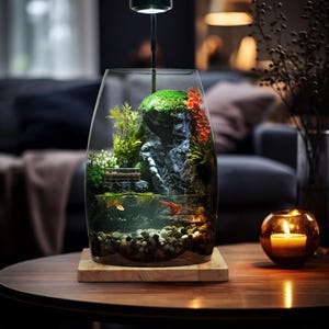 May include: A glass terrarium with a small waterfall, green moss, and two orange fish. The terrarium is on a wooden base and has a small light fixture on top.