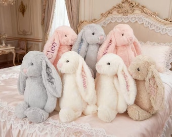 Conejito bordado personalizado para recién nacido, conejito monogramado personalizado, regalo de cumpleaños para niños, regalos para niñas de las flores, conejito de Pascua.