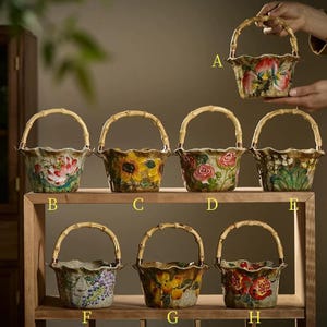 Mid-Century Ceramic Basket – Fruit Basket, Cookie Basket, Flower Basket, Hand-Painted Handle Vase, Floral Arrangement Basket