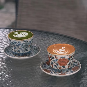 Handmade Blue and White Ceramic Coffee Cup Set – Vintage Mug with Saucer, Couple Cup |New Bride and Groom Set|Husband and Wife Mugs
