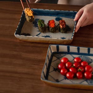 Handmade Ceramic Tableware – Square & Round Plates | Vintage Style Serving Dishes | Blue and White Hand-Painted Porcelain Fruit Plates