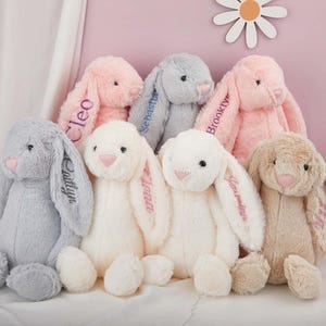 May include: A collection of plush bunny rabbits in various pastel colors, including pink, gray, and beige. Each bunny has long, floppy ears and embroidered names. The bunnies are soft and cuddly, perfect for children.