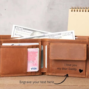 Cartera de cuero personalizada / Regalo de cuero grabado personalizado / Regalo para el Día del Padre / Cartera plegable de piel de vaca Crazy Horse con foto, texto y nombre