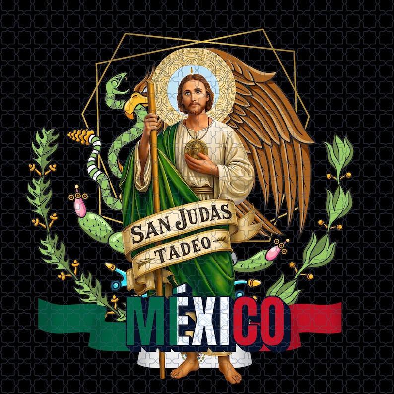 May include: A digital graphic featuring San Judas Tadeo, a religious figure, with a halo and holding a staff. The image includes a banner with text, the word "MEXICO" in green, white, and red, and a black background with a repeating pattern.