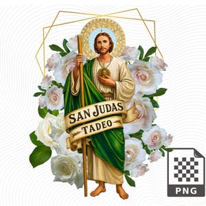 Puede incluir: Imagen digital de San Judas Tadeo, una figura religiosa, sosteniendo un bastón y una pancarta con el texto "SAN JUDAS TADEO". Está rodeado de rosas blancas y un marco geométrico dorado, con un icono de archivo PNG.