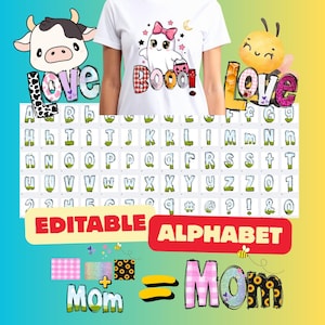 Puede incluir: Camiseta blanca con un fantasma de dibujos animados con un lazo rosa y la palabra "Boo!" en letras a cuadros. La imagen incluye una vaca, una abeja y un conjunto de alfabeto editable. La palabra "Love" también se muestra.
