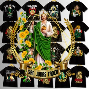 May include: A collage of 12 black t-shirts with various designs featuring the image of San Judas Tadeo, a Catholic saint. The designs include sunflowers, a halo, and the text "San Judas Tadeo".