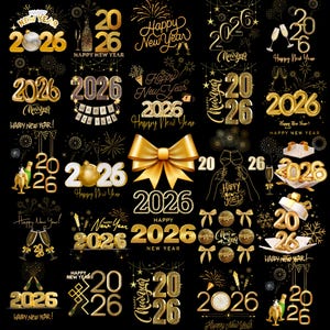 25 New Year 2026 PNG Designs | Gold DTF Bundle 300 DPI | Family & Couple Shirts